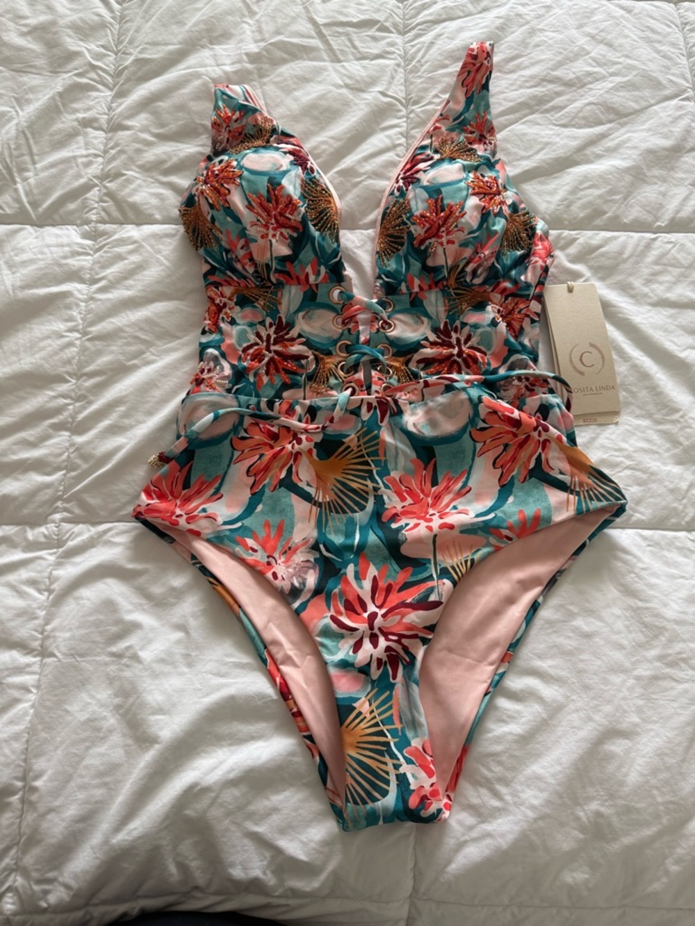 NWT Cosita Linda Embroidered and Beaded One Piece Size Small - Picture 4 of 9